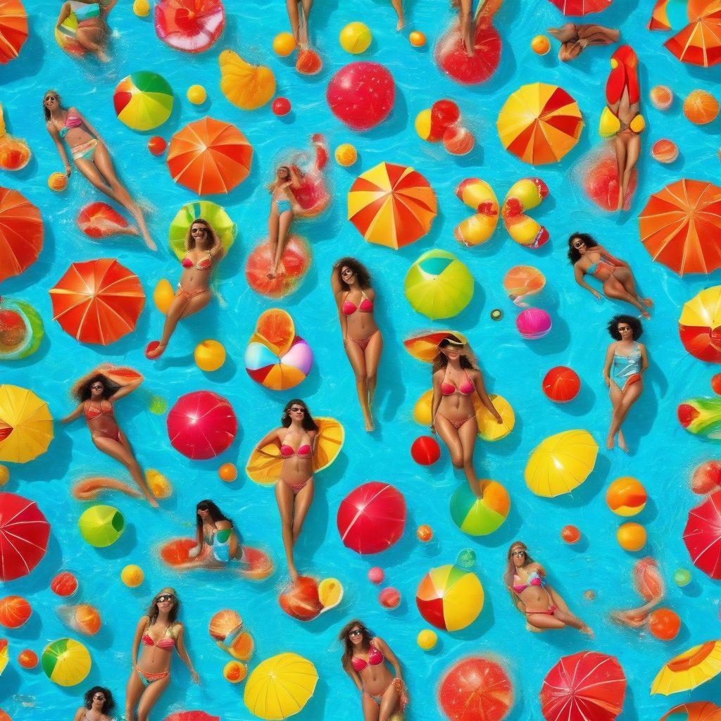 A vibrant beach scene showcasing a variety of swimwear styles, including thongs and two-piece suits, displayed on cheerful, diverse models enjoying the sun. The backdrop features shimmering ocean waves, bright umbrellas, and sunbathers relaxing, symbolizing seasonal joy and freedom. Incorporate elements like colorful beach balls and flip-flops to enhance the playful atmosphere. super-realistic. vibrant colors. summer theme.